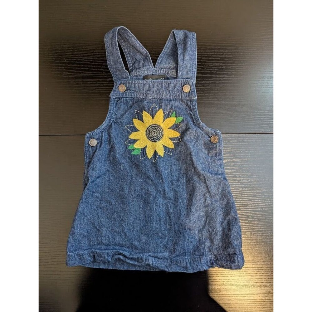 Vintage Cynthia‎ Rowley Denim Jean Jumper Dress Embroidered Sunflower Girl's 2T